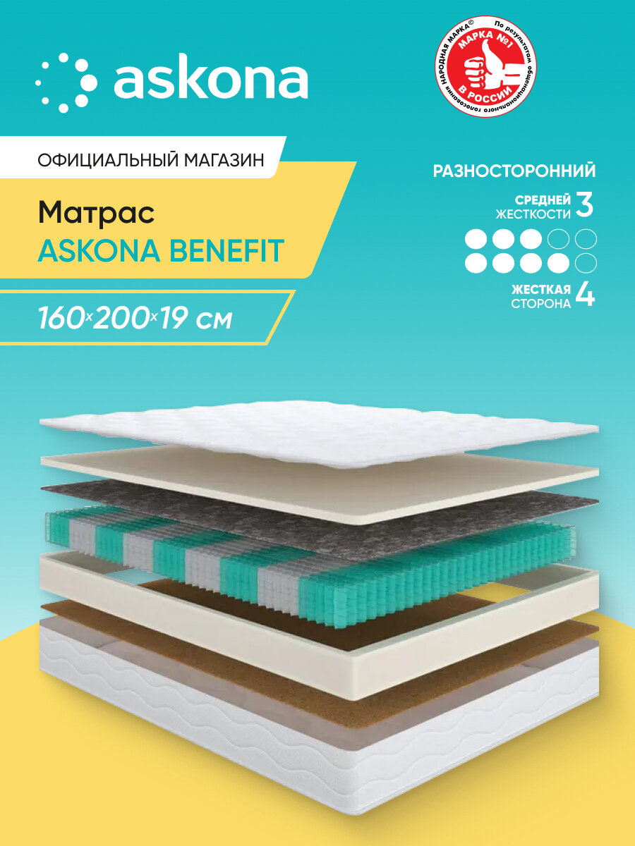 Матрас анатомический Askona (Аскона) BENEFIT 160х200 см разносторонний