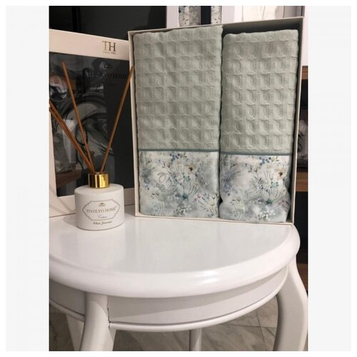 фото Tivolyo home polina вафельные полотенца c кружевом бирюзовый