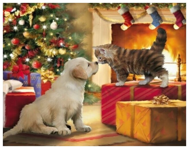 Картина по номерам на холсте Paintboy "Котенок и щенок. Рождественские подарки" 40х50 см Подарок маме, женщине, девушке на день рождения GX41749