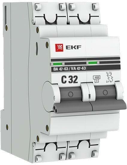 Выключатель автоматический модульный 2п C 32А 4.5кА ВА 47-63 PROxima EKF MCB4763-2-32C-PRO (1 шт.)