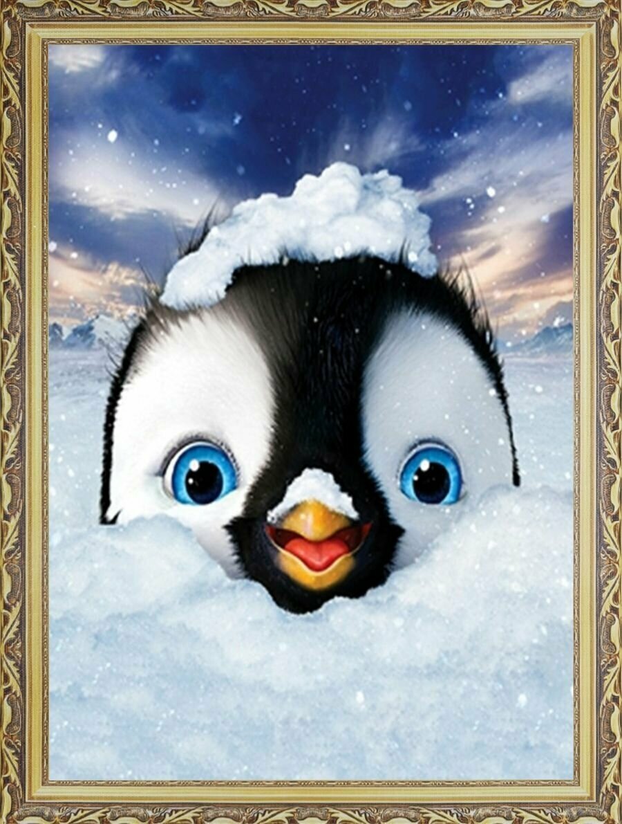 Алмазная мозаика на подрамнике "Пингвиненок в снегу" 30х40 см, цветов-23