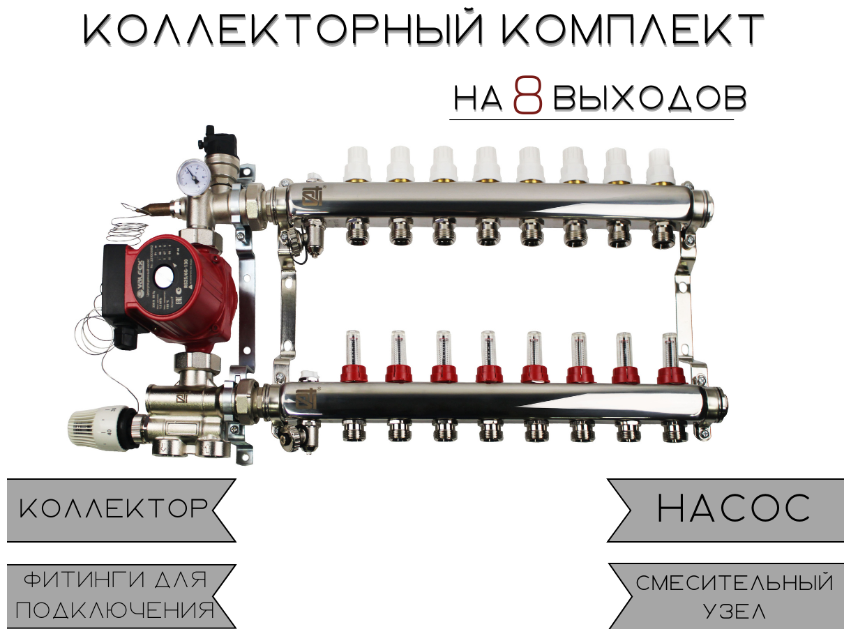 Комплект для водяного, теплого пола с коллекторной группой на 8 выходов - фотография № 1