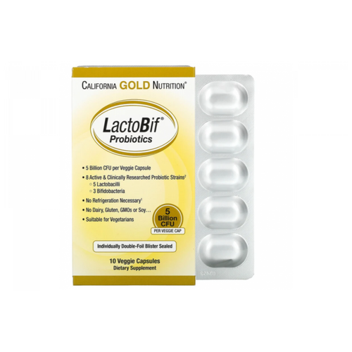 Купить California Gold Nutrition, LactoBif, пробиотики, 5 млрд КОЕ, 10 растительных капсул