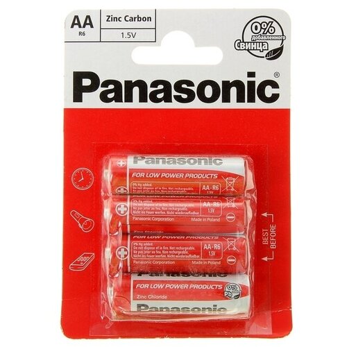 Батарейки солевая Panasonic Zinc Carbon, AA, R6-4BL, 1.5В, блистер, 4 шт,