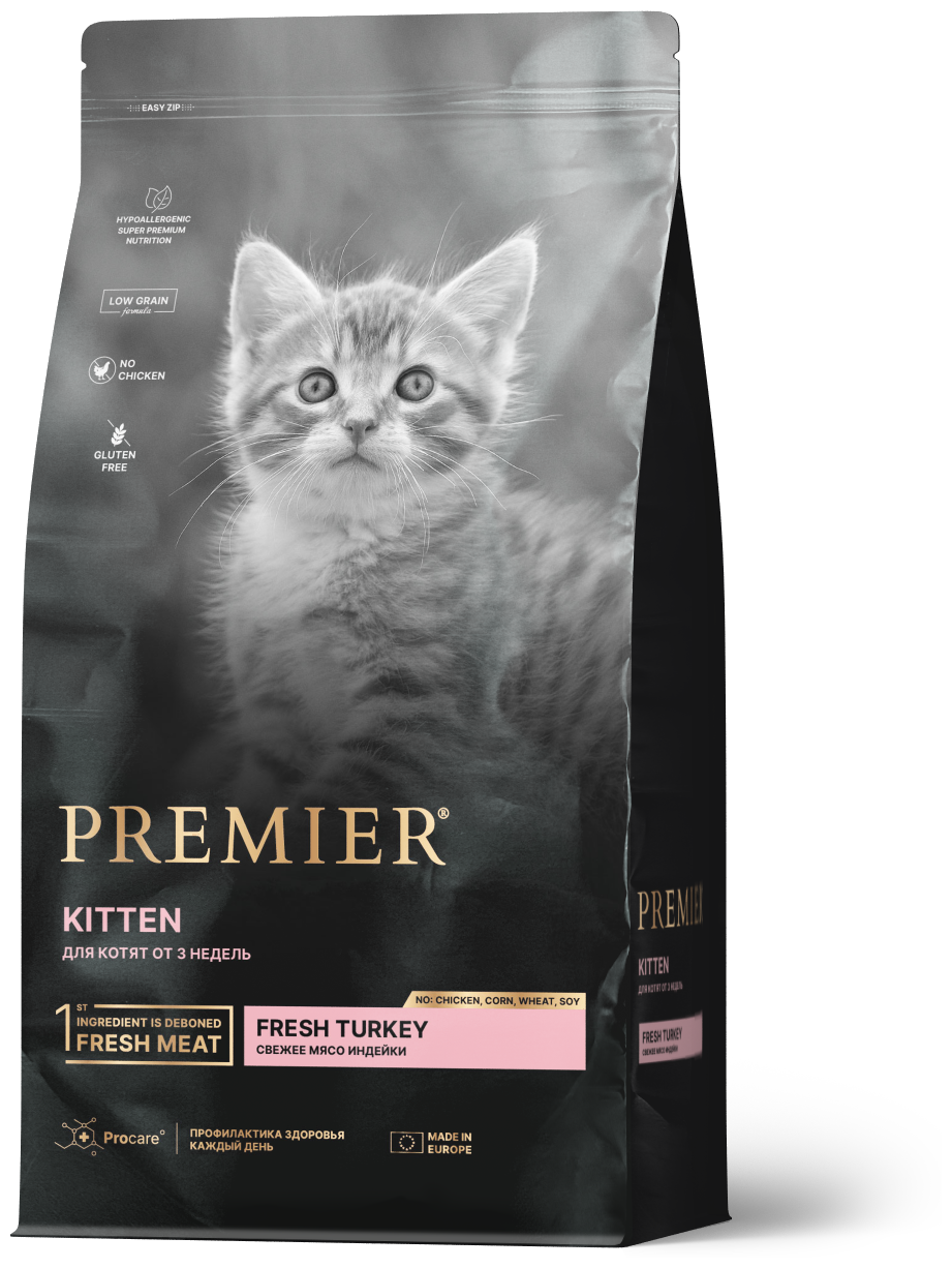 Premier Cat Turkey KITTEN для котят от 3 недель, беременных и кормящих кошек, свежее мясо индейки 2кг. - фотография № 1