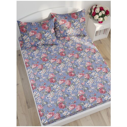 фото Простыня сказка прохоровская роза, перкаль, на резинке, 160 х 200 см, фиолетовый/зеленый/розовый