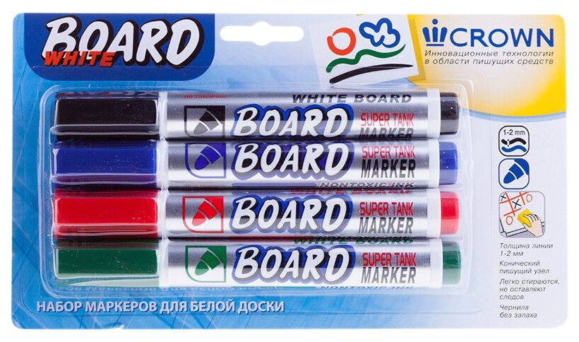 Набор маркеров для белых досок Crown "Multi Board" 4цв, пулевидный, 3мм