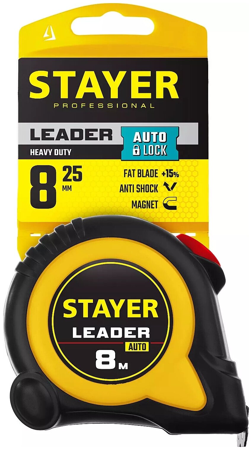 Stayer Leader 8м / 25мм рулетка с автостопом в ударостойком обрезиненном корпусе . - фотография № 5