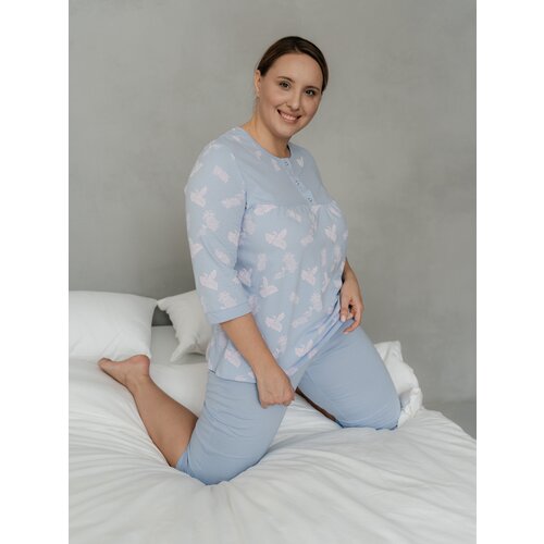 фото Комплект хлопковый мир, брюки, блуза, бриджи, укороченный рукав, пояс на резинке, трикотажная, размер 52, голубой, фиолетовый