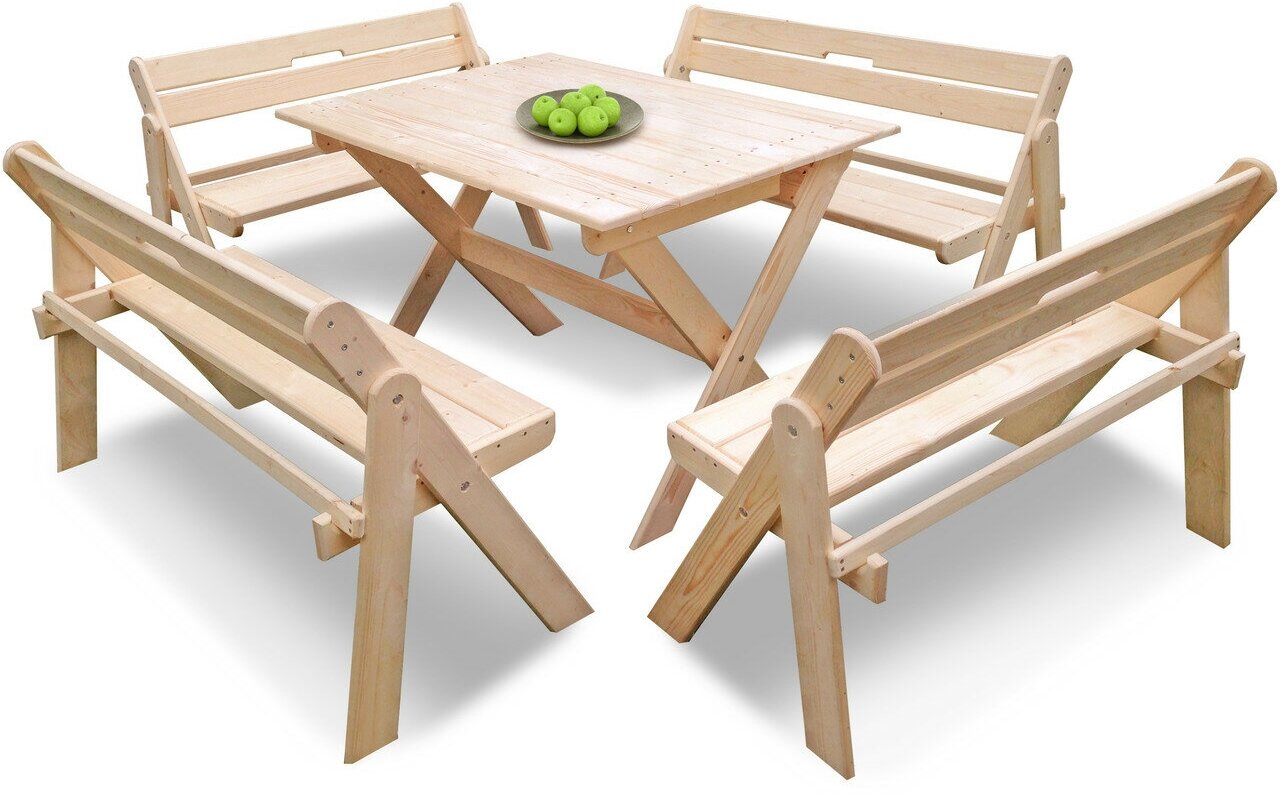 Комплект садовой мебели "на 8-10 человек" складной деревянный (Стол, 4 Скамейки)