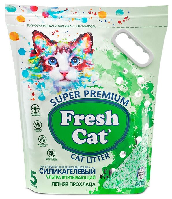 Наполнитель для кошачьего туалета FRESH CAT силикагелевый впитывающий с ароматом Летняя прохлада 5л - фотография № 1