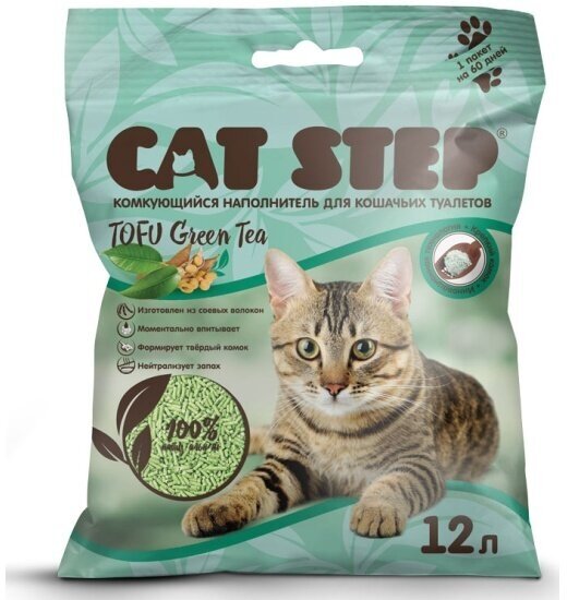Наполнитель для кошачьих туалетов Cat Step Tofu Green Tea, растительный комкующийся, 12л — фото 1