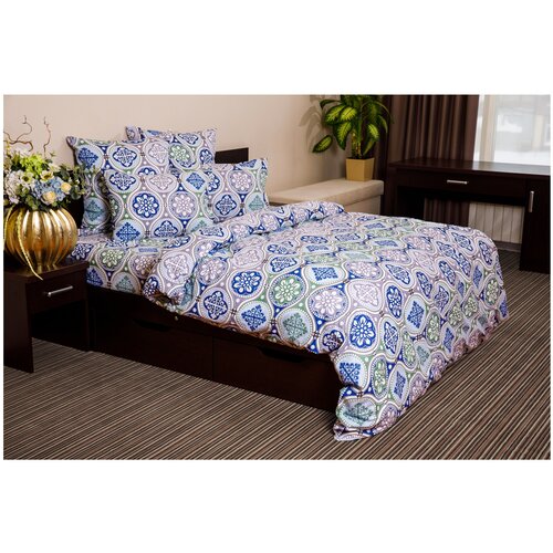 фото Постельное белье 2-спальное с европростыней ночь нежна орнамент, бязь, 2 наволочки 50 х 70 см, зеленый