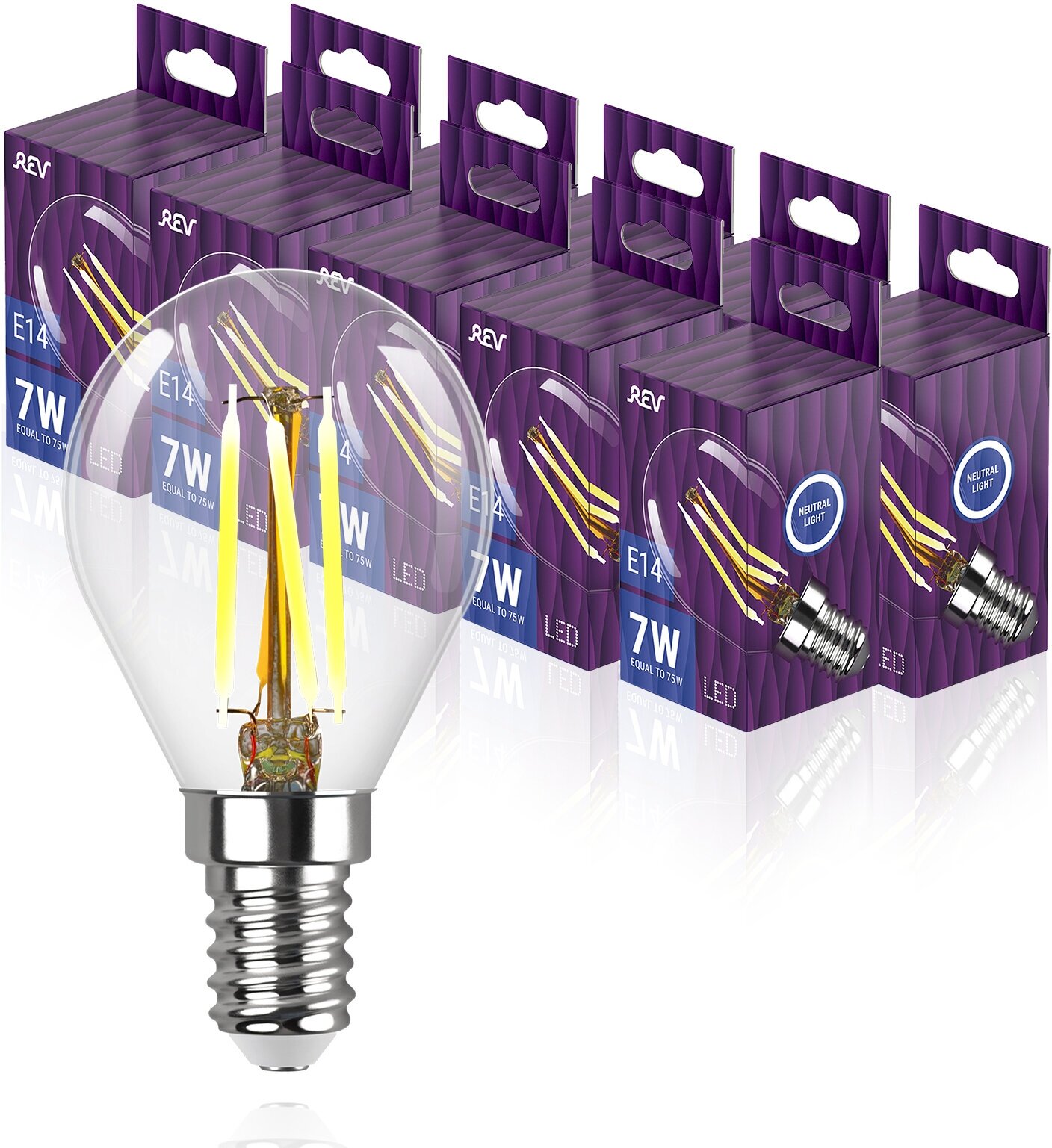 Упаковка светодиодных филаментных ламп 10 шт REV 32483 6, 4000К, Е14, FG45, 7Вт
