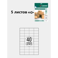 Этикетки самоклеящиеся бумага А4, 5 листов, 40 этикеток, LOMOND, 48,5 х 25,4 мм, белые, матовые, бумага для печати, в индивидуальной упаковке
