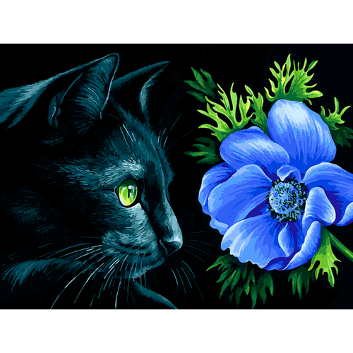 фото Картина по номерам на холсте белоснежка "анемона" / раскраска / холст на подрамнике 30х40 см. / домашние животные / питомцы / кот черный / кошка и цветы