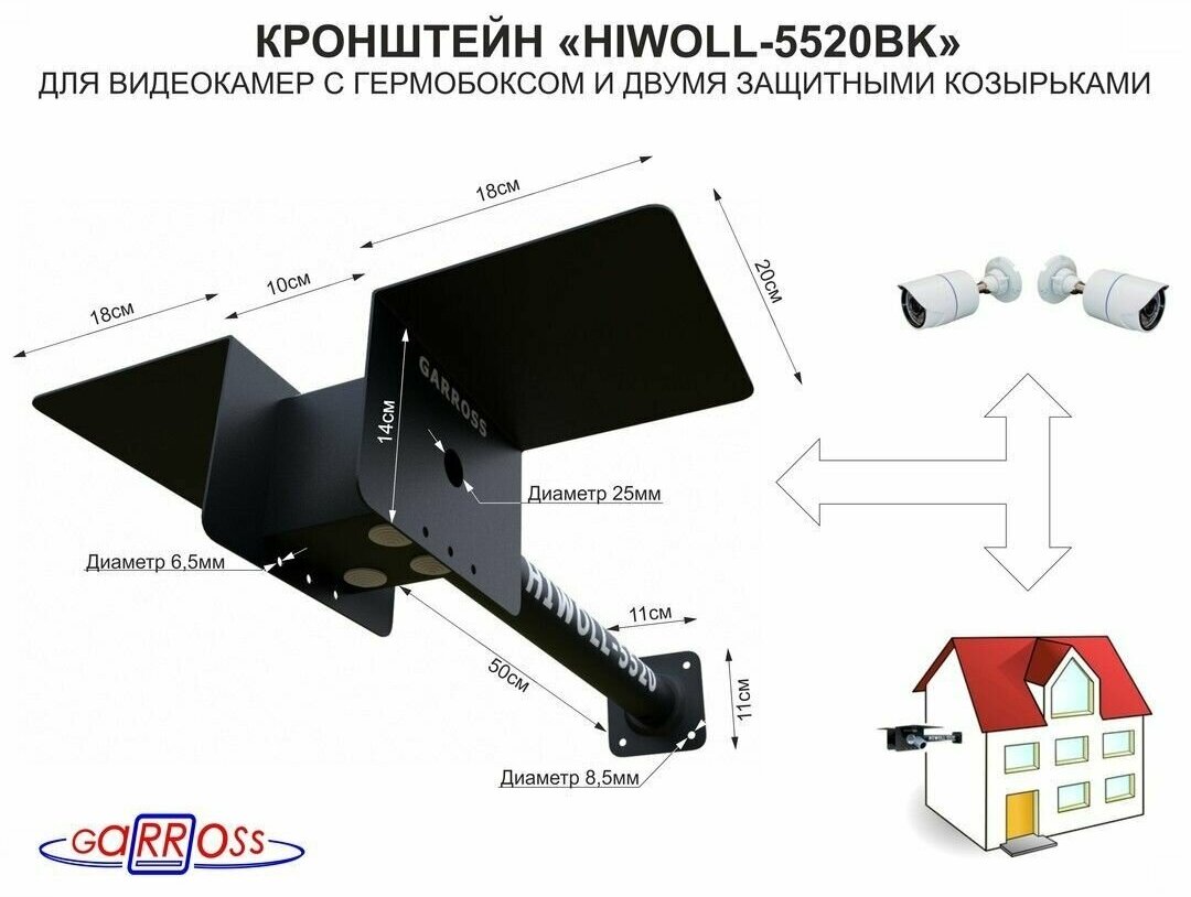 Кронштейн "HIWOLL-5520BK" чёрный бокс для 2-х видеокамер с 2-мя козырьками крепление к стене