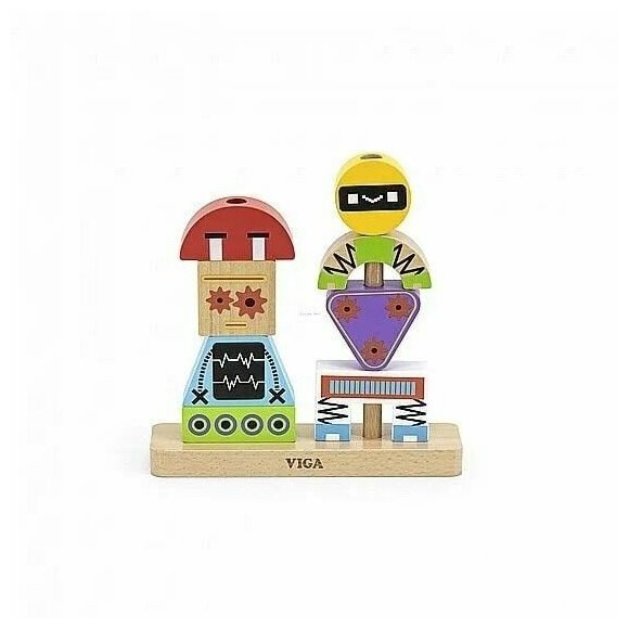 Блочный 3D-пазл Viga Toys Пирамидка Роботы 8 деталей и 10 двусторонних карточек с вариантами сборки, 44652 - фотография № 3