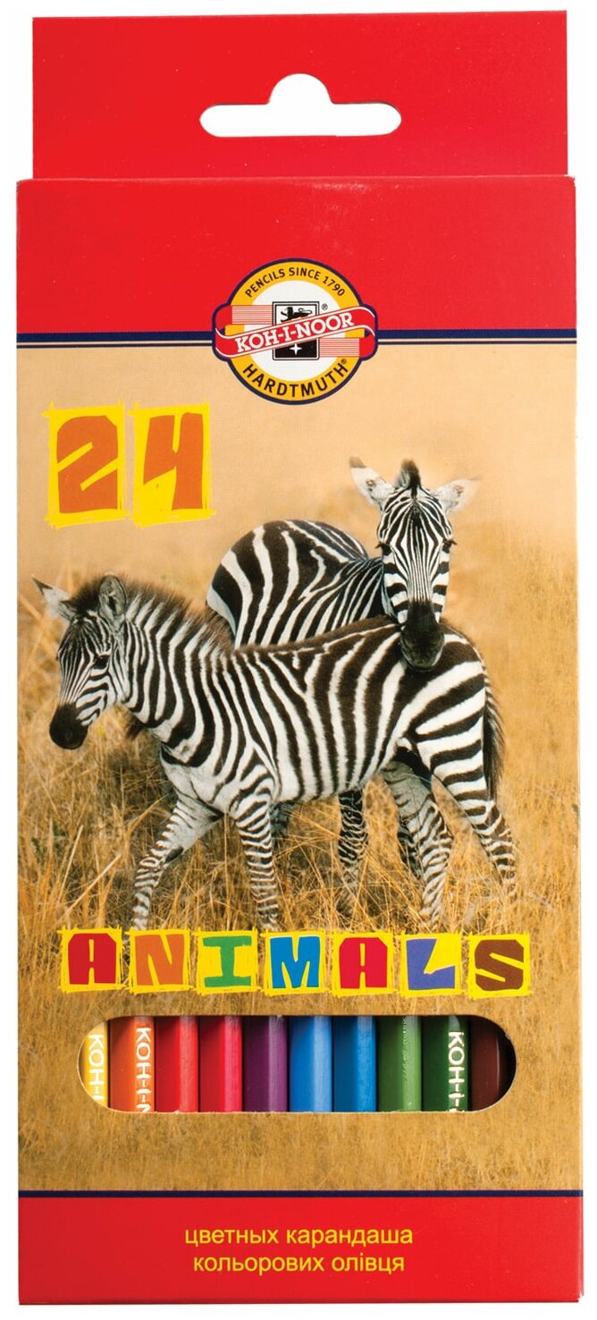 Комплект 3 шт, Карандаши цветные KOH-I-NOOR "Animals", 24 цвета, грифель 2.8 мм, заточенные, европодвес, 3554/24, 3554024008KSRU