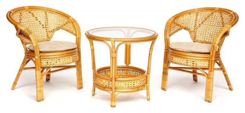 Террасный комплект "PELANGI" (стол со стеклом + 2 кресла) /без подушек/Honey (мед)