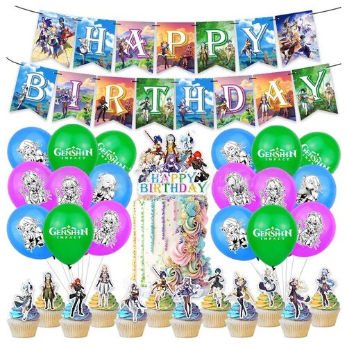Декор-набор С Днем рождения Геншин Импакт (гирлянда, топперы, шары, лента)