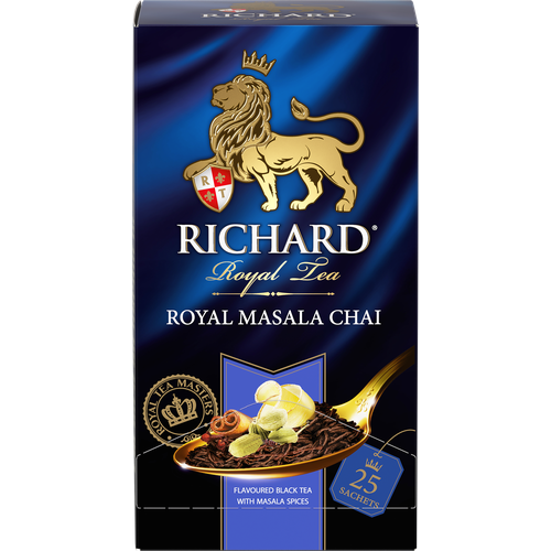 Чай черный Richard Royal Masala Chai в пакетиках, корица, масала, имбирь, кардамон, перец, клубника, травы, мед, молоко, натуральный, 25 пак.