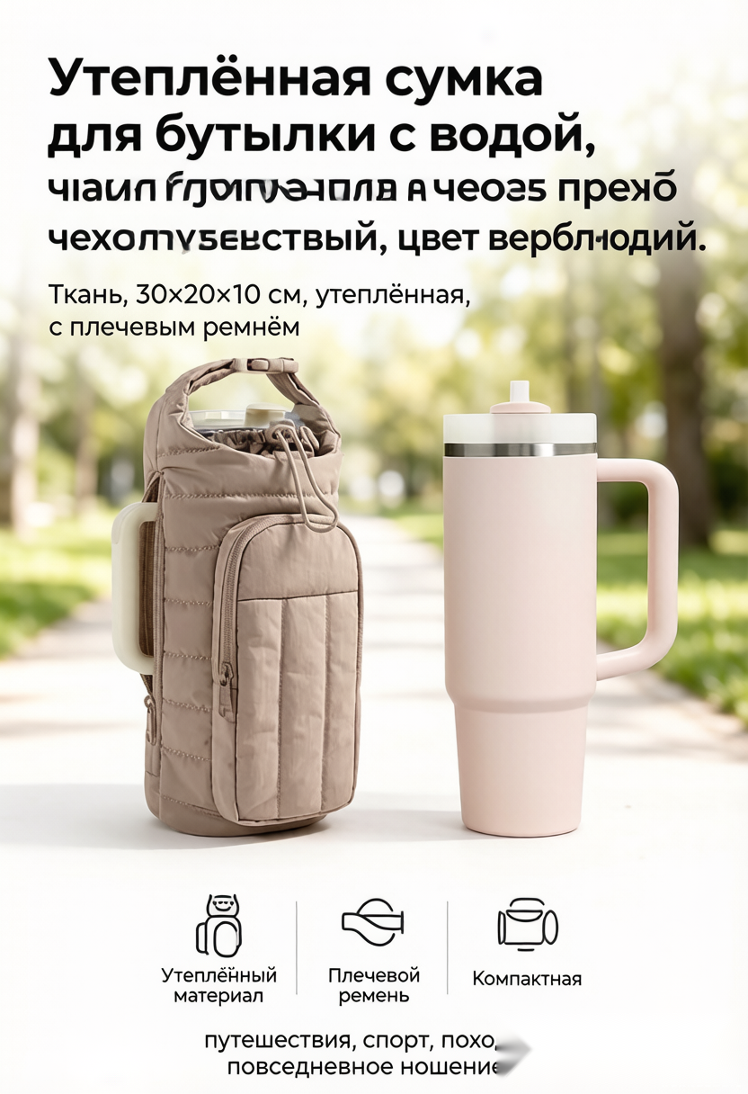 Утеплённая сумка для бутылки с водой, чехол для термоса через плечо, портативный чехол для путешествий, цвет верблюжий