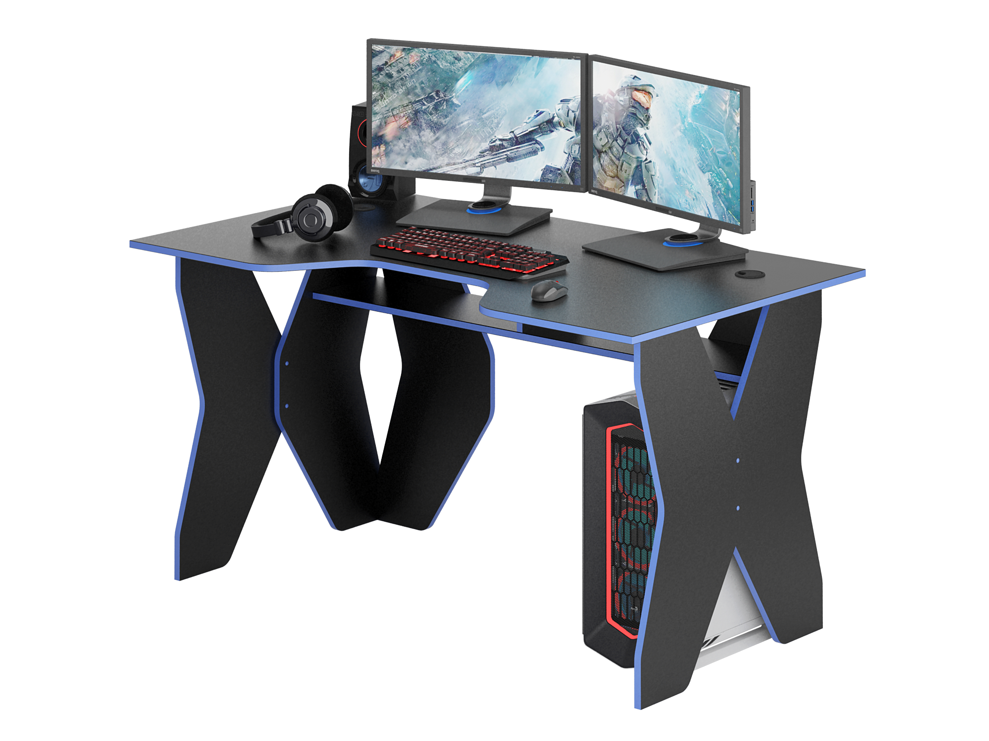 Игровой компьютерный стол "Форсаж" 140х89,2х73 Черный/Синяя кромка