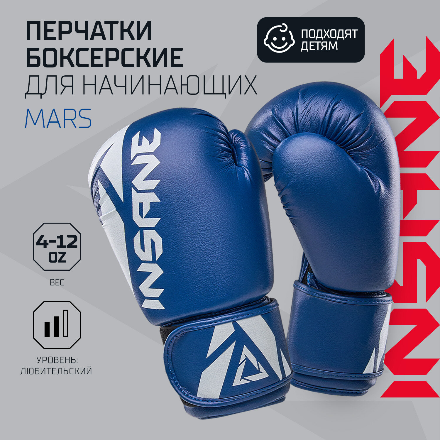 Перчатки боксерские INSANE MARS IN22-BG100, ПУ, синий, 6 oz