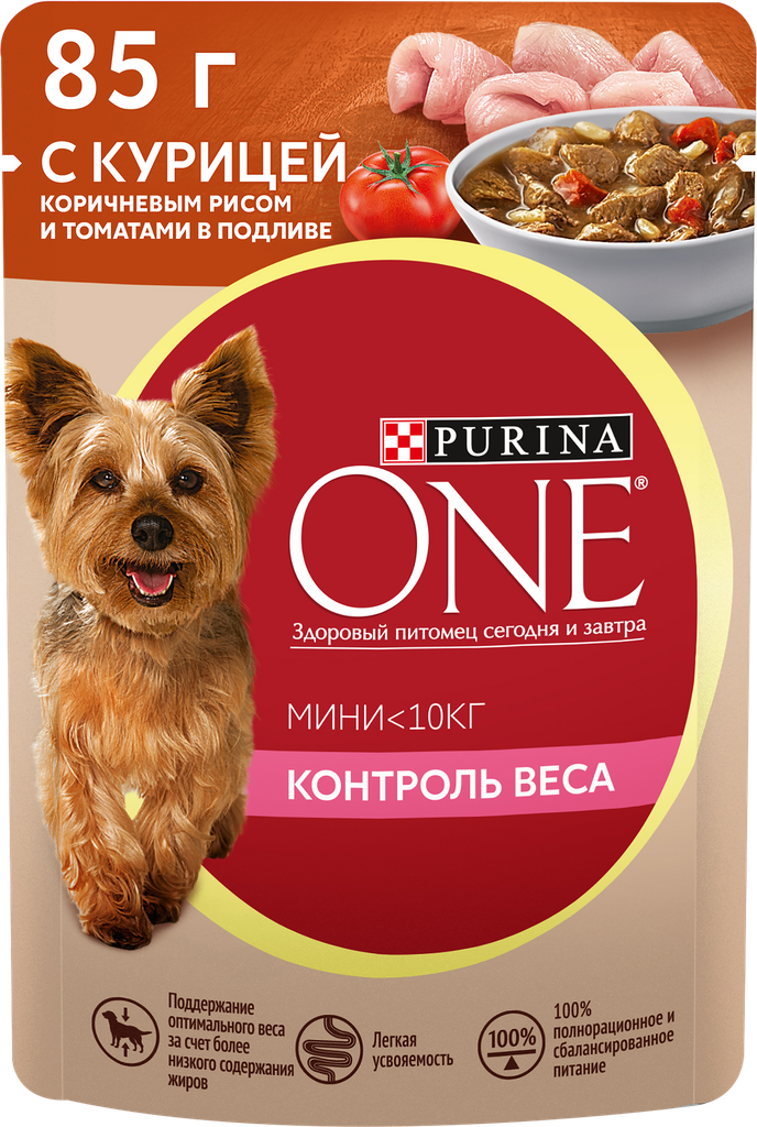 Корм влажный для взрослых собак PURINA ONE Mini Контроль веса Курица, рис и томаты в подливе, 85г