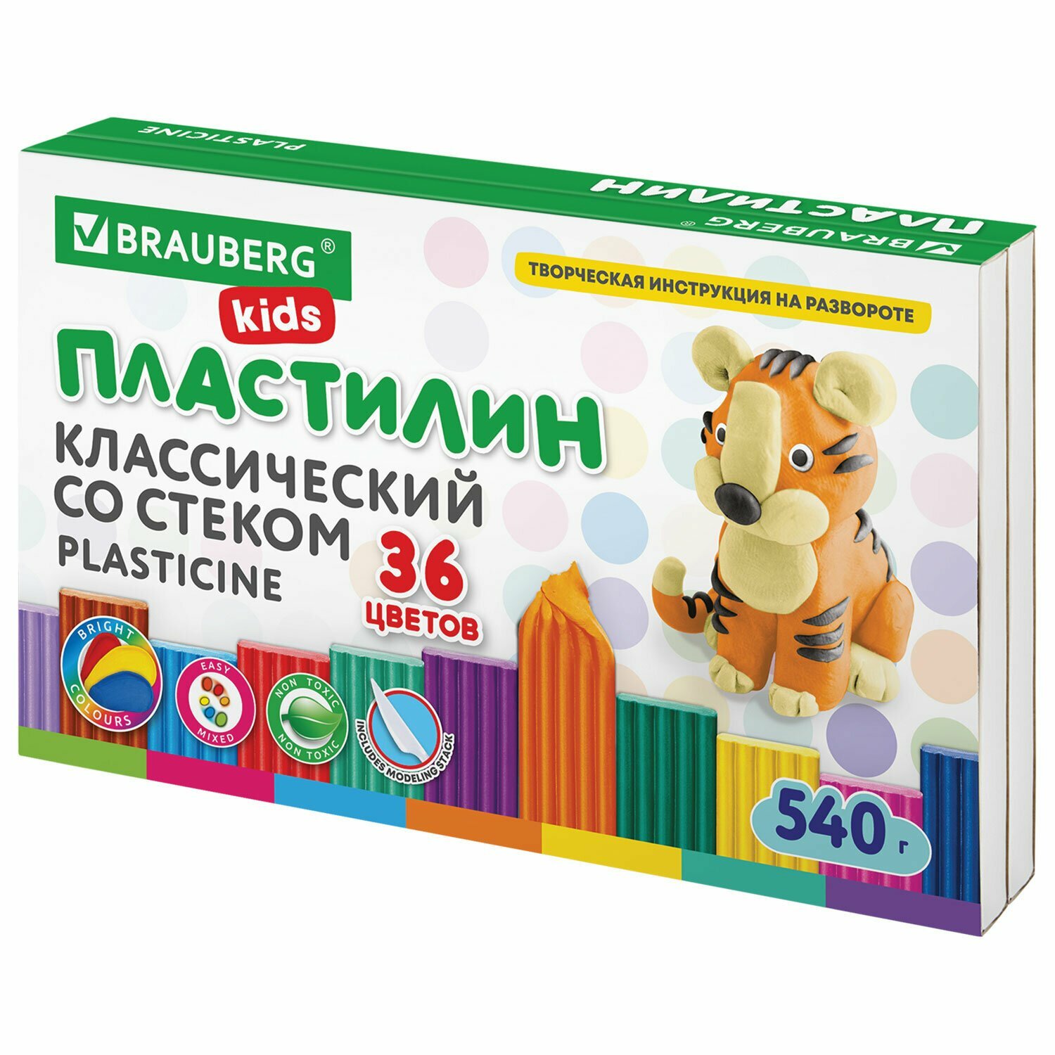 Пластилин классический BRAUBERG KIDS, 36 цветов, 540 грамм, стек, высшее качество, 106678