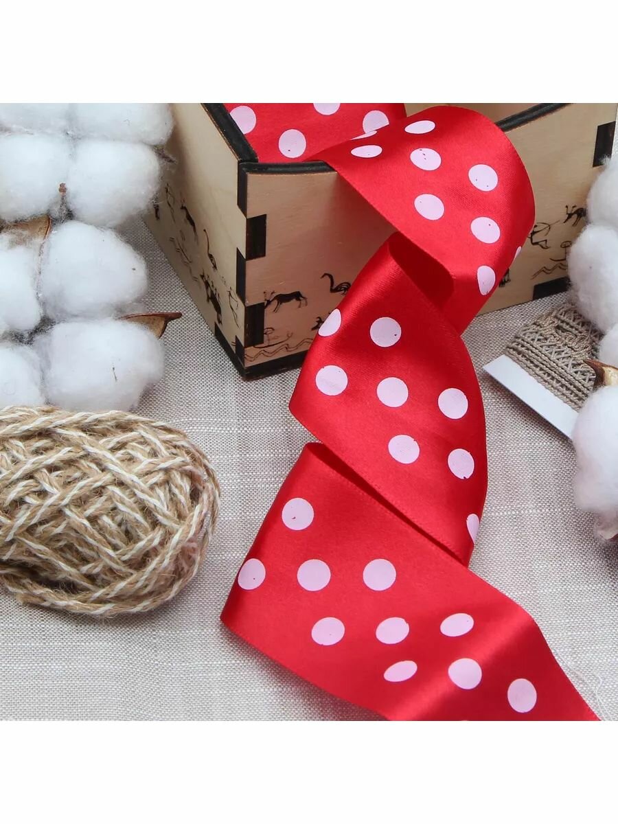 Лента атласная декоративная Айрис 'Горошек', 4,5см*3м (красный) — фото 1