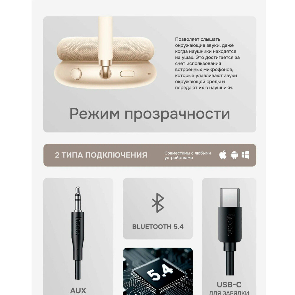 Hoco Наушники беспроводные полноразмерные Hoco W65 Plus Happy ANC BT, Bluetooth 5.4, star color, бежевый — фото 1