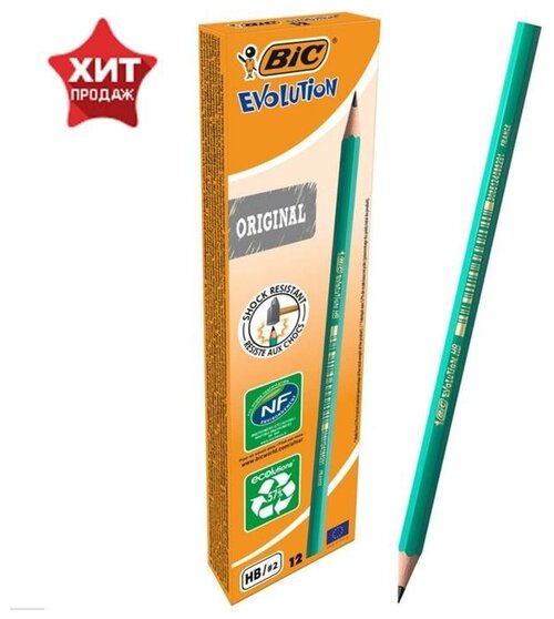 BIC Карандаш чернографитный (простой) НВ, BIC Evolution, заточенный, пластик, без ластика, шестигранный, зеленый корпус