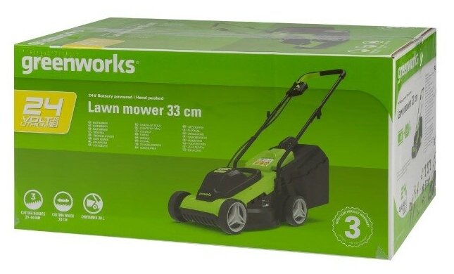 Газонокосилка аккумуляторная Greenworks G24LM32K2 24V, ширина скашивания 33 см, комплект АКБ 2 Ач + ЗУ, щеточный двигатель - фотография № 6