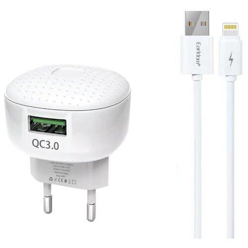 Блок питания сетевой 1 USB Earldom, ES-EU12I, пластик, QC3.0, кабель 8 pin, цвет: белый