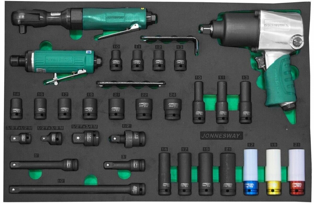 Набор пневматического инструмента 1/2"DR и аксессуаров к ударному инструменту в EVA ложементе 31 предмет Jonnesway