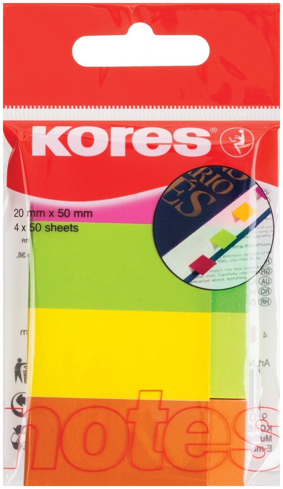 Клейкие закладки Kores бумажные, 4 цвета, по 50 листов, неон, 20*50 мм