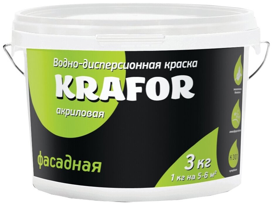 Краска водно-дисперсионная фасадная Krafor, 3 кг, белая