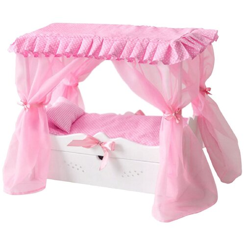 фото Игрушка детская: кроватка с царским балдахином, постельным бельем и выдвижным ящиком, цвет белый манюня