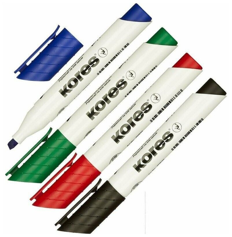 Маркеры набор для белых и магнитных досок Kores 20845 4 цвета, стираемые на водной основе, скошенный наконечник толщина линии от 3-5 мм стирается сухим способом, текстовыделители для школы, флипчарта