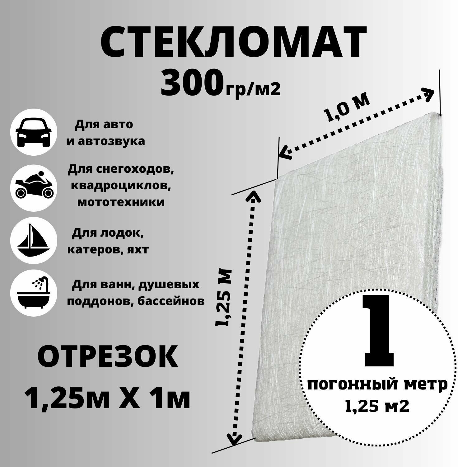 Стекломат плотность 300 г/м2, 1,25 х 1 м, конструкционный эмульсионный для ремонта лодок, ванн, авто