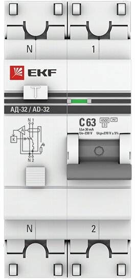 Дифференциальный автомат АД-32 1P+N 63А/30мА (хар. C, AC, электронный, защита 270В) 4,5кА EKF PROxima сн/пр