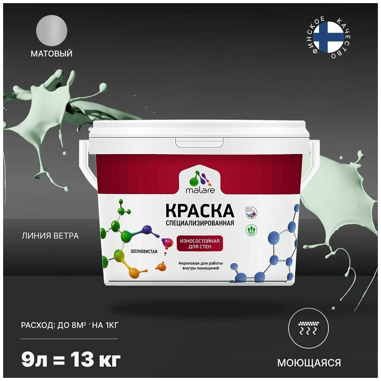 Краска Malare Professional интерьерная износостойкая для стен и обоев, потолка, моющаяся, акриловая, матовая, линия ветра, (9л - 13кг)