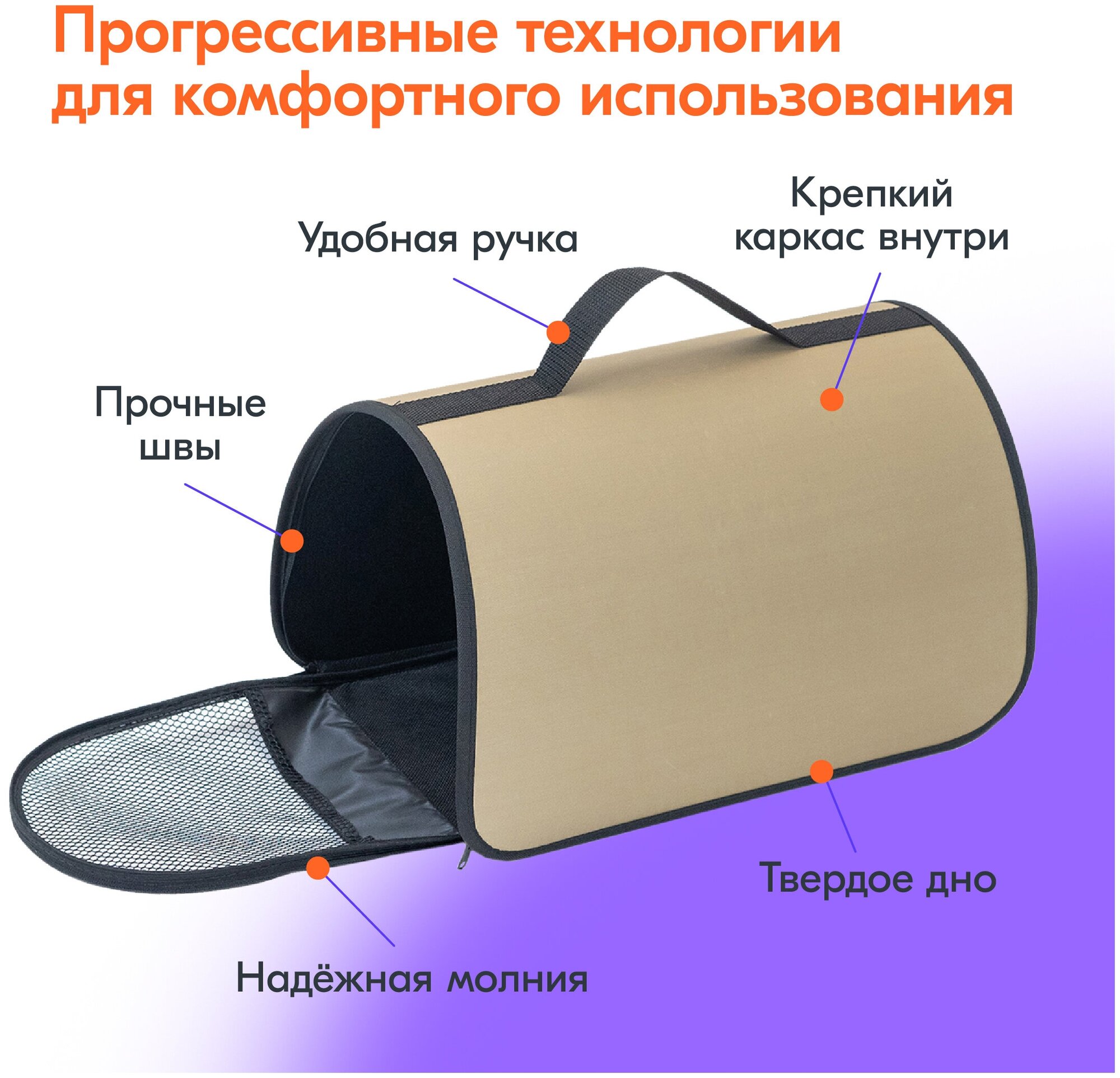 Переноска сумка жёсткая PetTails №2 40,5 х 24 х 24см (нейлон однотонный, пластик), бежевая