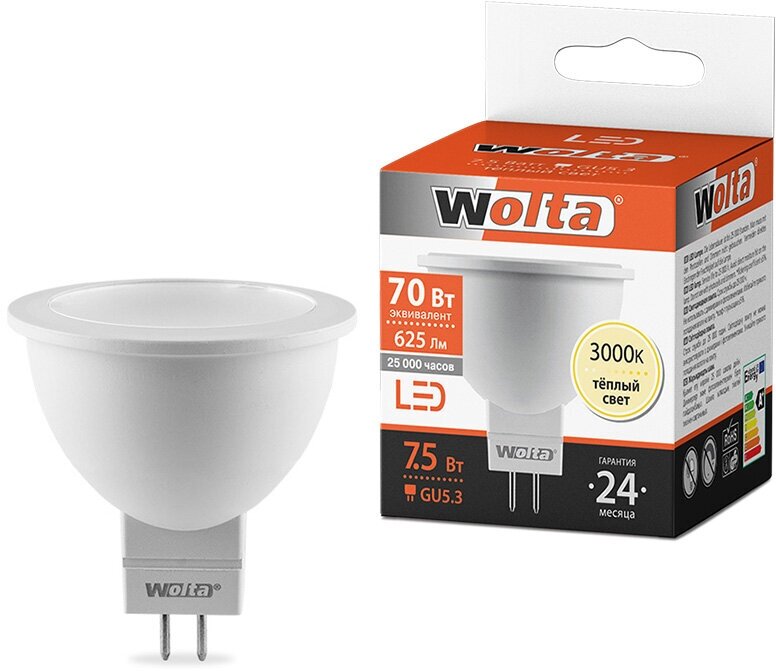 Лампа светодиодная 7,5W 25YMR16-220-7.5GU5.3 MR16 6 светод 3000К лампа накал WOLTA