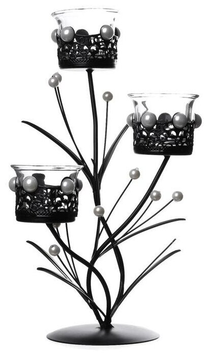 Подсвечник металл, стекло на 3 свечи "Ажурный с жемчугом" чёрный 29х15х11,5 см - фотография № 2