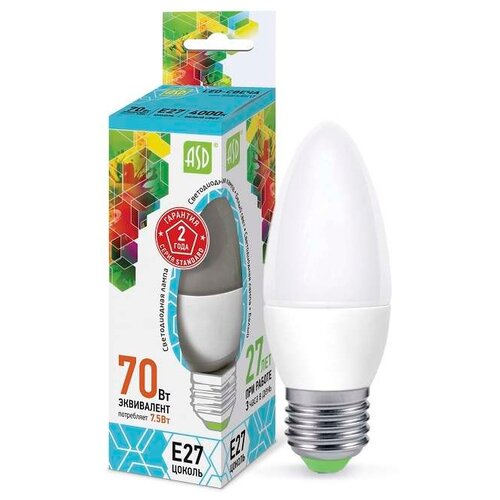 фото Лампа светодиодная led-свеча-standard 7.5вт свеча 4000к бел. e27 675лм 160-260в asd 4690612003955 (упаковка 10 шт)