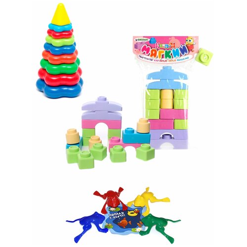 Развивающие игрушки для малышей набор Пирамидка детская большая + Мягкий конструктор для малышей кнопик 14 дет. Пастель + Команда КВА №1