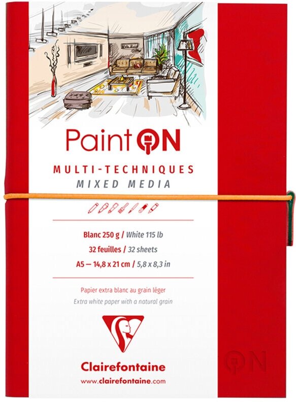 Скетчбук для смешанных техник 32л, А5, на сшивке «Paint'ON», 250г/м2, мелкозерн, резинка, кожзам